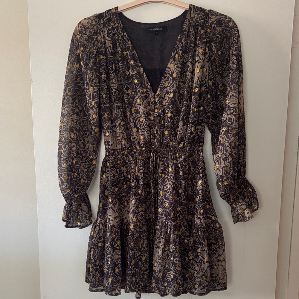 Olivaceous Patterned Gold Long Sleeve Dress